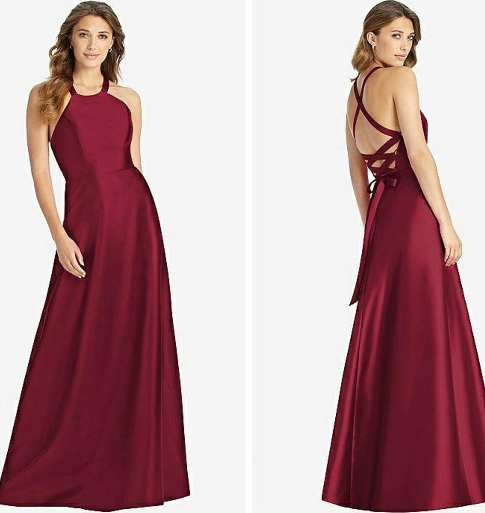 Alfred Sung Dress Size 18 Halter Lace Up Twill Criss Cross Burgundy
